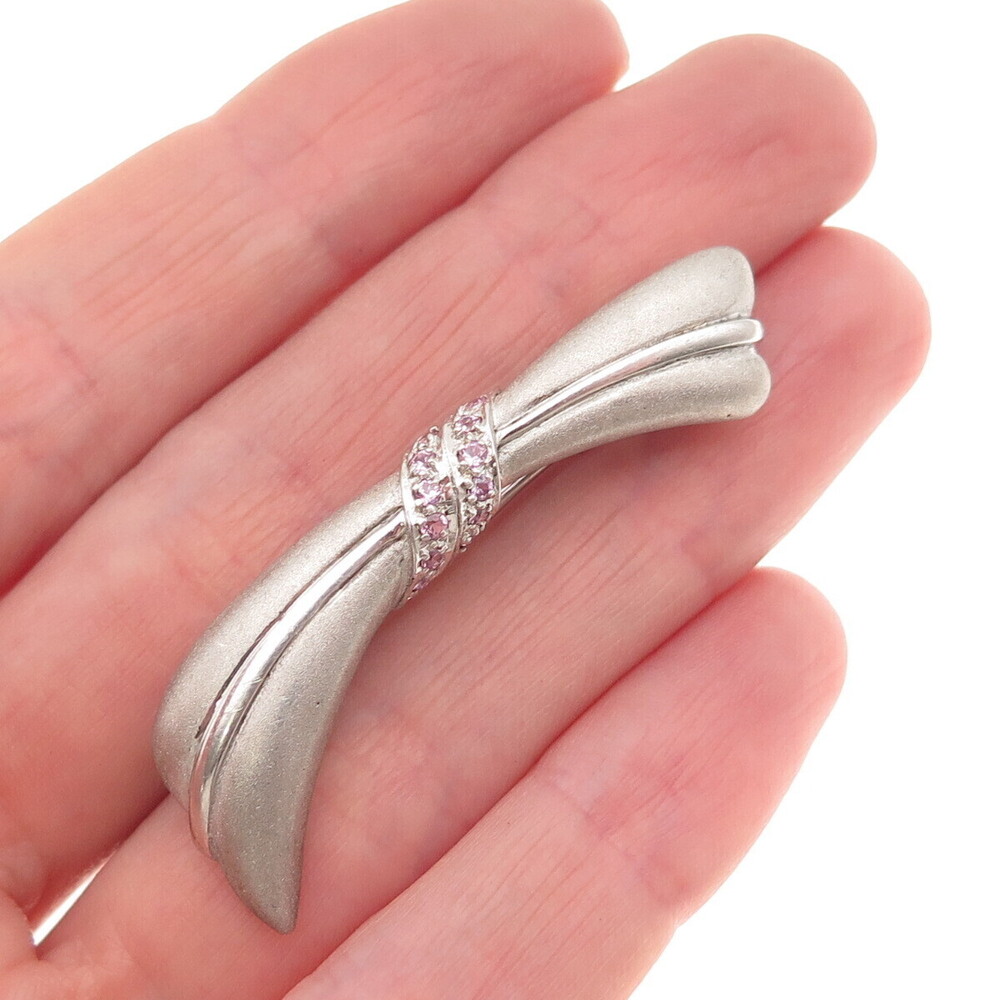 925 Sterling Silver Real Round-Cut Pink Sapphire Modernist Bow Pin Brooch